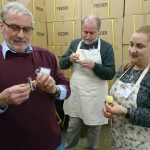 SBA Wax Workshop, 2017. Jeff Baxter, Dunfermline (left) and daughter Karen with Gavin Ramsay (centre) making beeswax flowers